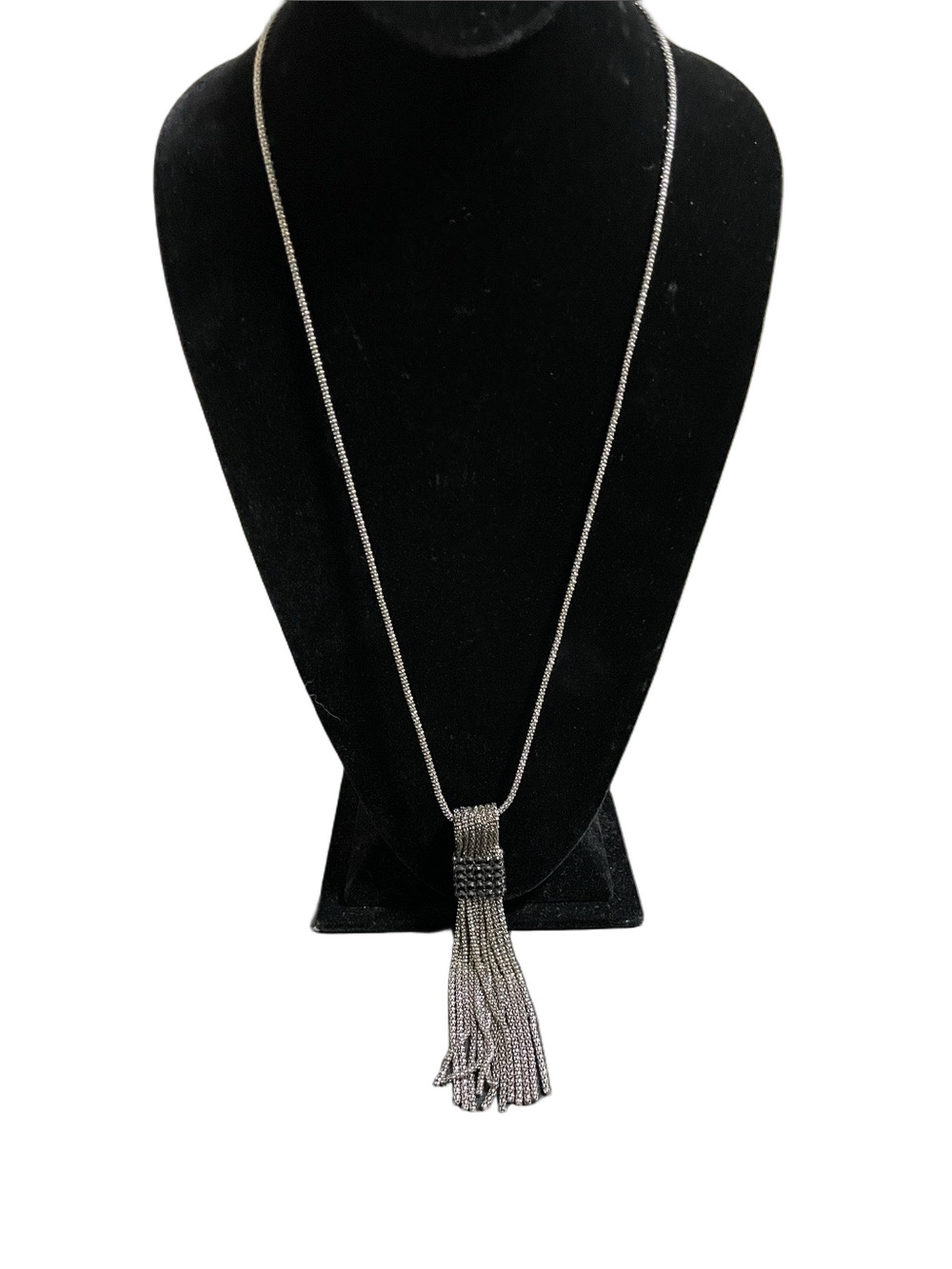 Sandwich Gunmetal Tassel Necklace with Black Crystal Accents